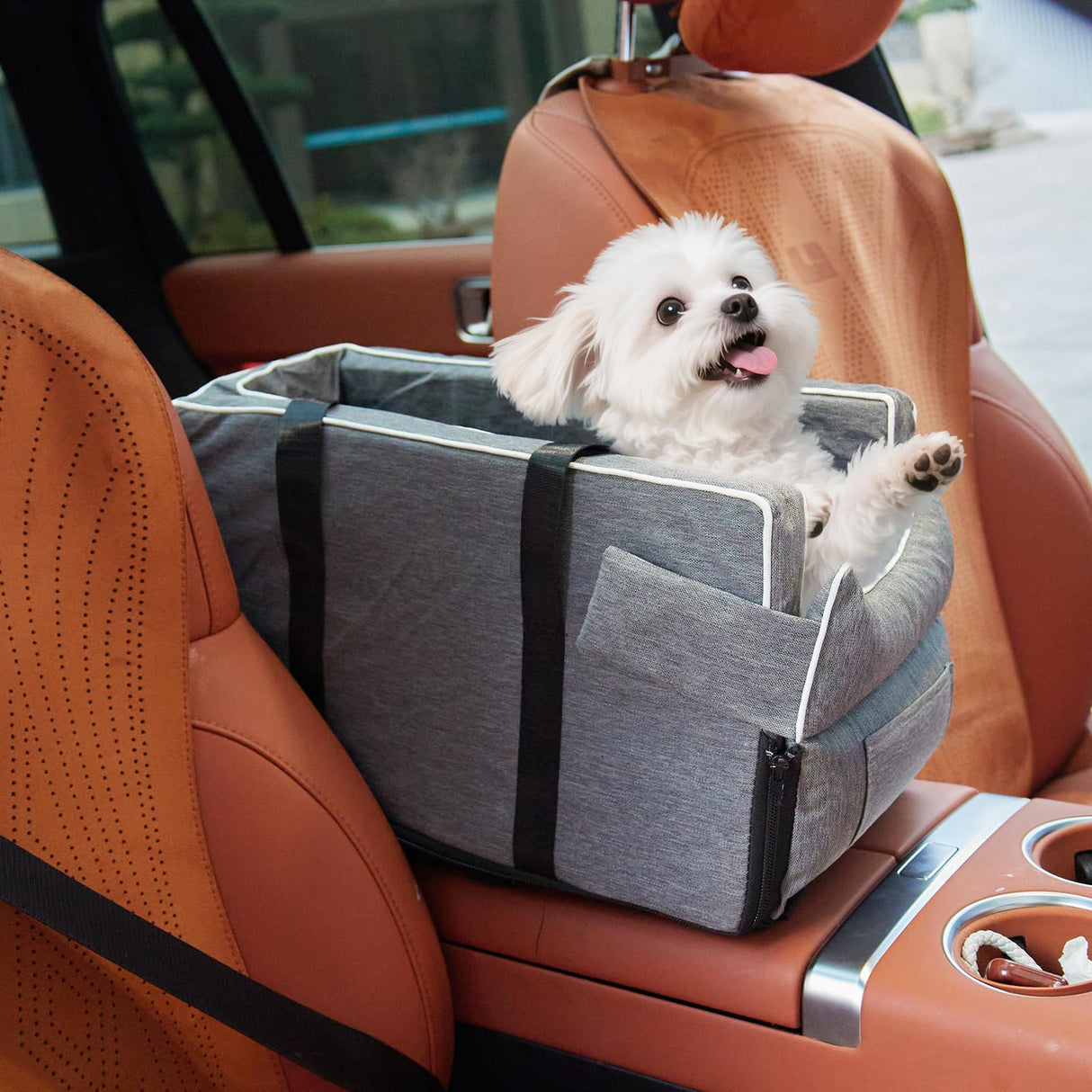 Dog Car Seat for Small Dogs - Portable Center Console Booster Seat with Anti-Collapse Design & Safety Tethers, Pet Travel Carseat Up to 15 lbs- Black