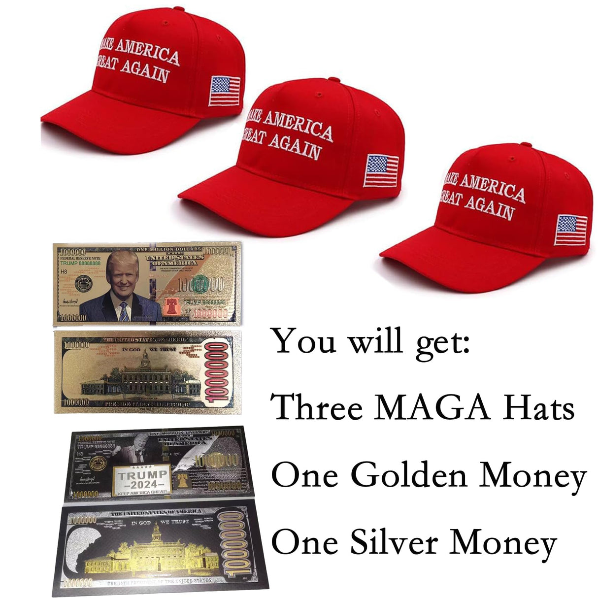 MOZU MAGA Hat 3 Packs(RED) Trump 2024 Hat Donald Trump Hat 2024 Keep America Great Hat Make America Great Again MAGA Camo Embroidered Adjustable Baseball Cap with Two Money(Golden,Silver)