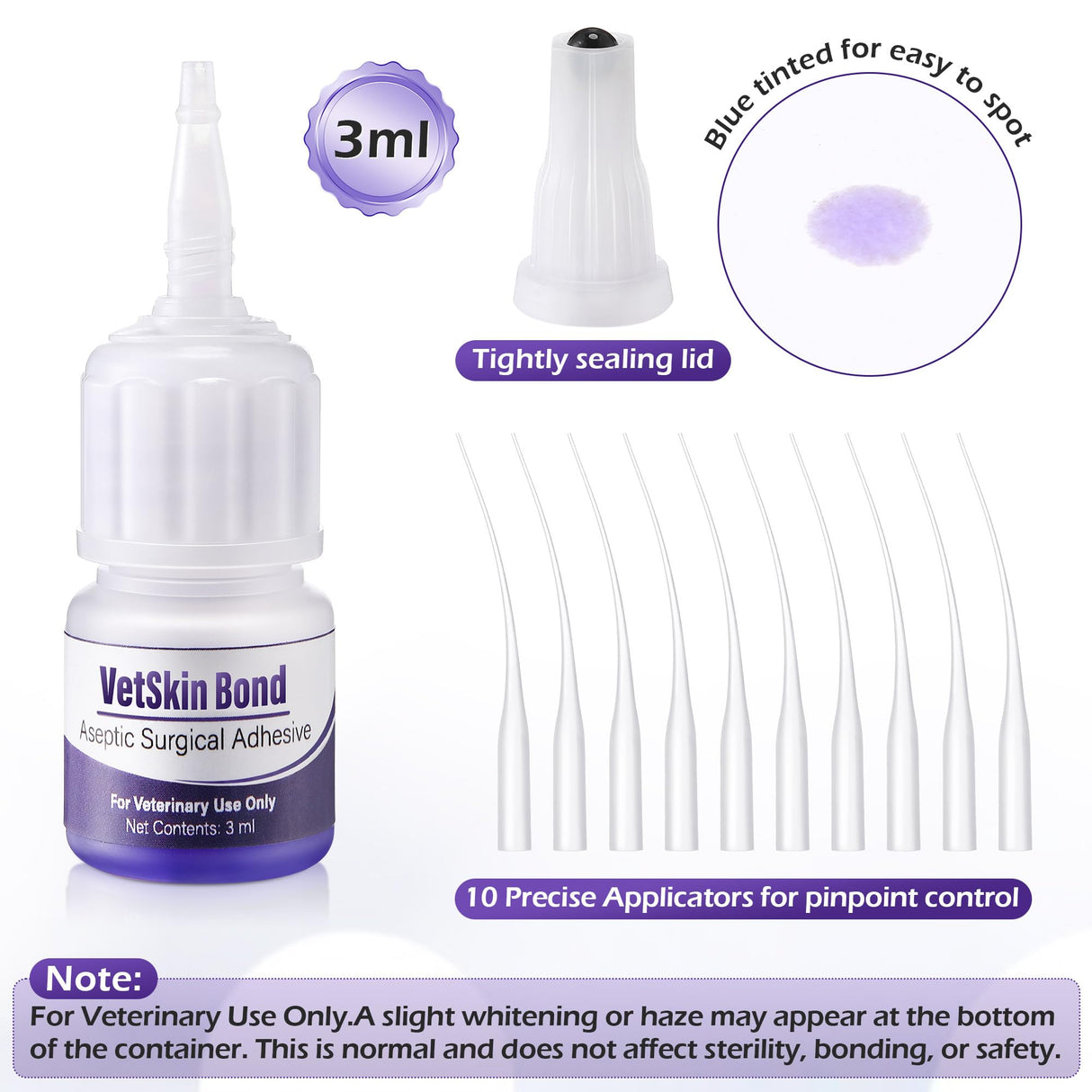 1 Pack 3ml Veterinary Surgical Skin Glue with 10 Precise Applicators, Strong Surgical Adhesive, Blue-Tinted Animal Tissue Wound Glue, Fast Bleeding Control and Waterproof Wound Sealant for Pets