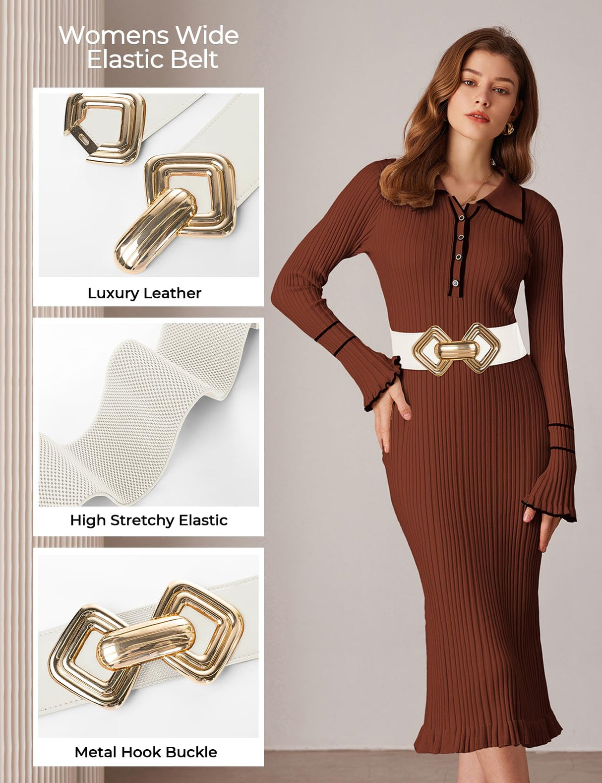 GRACE KARIN Womens Wide Elastic Belt Stretch Leather Belt Gold Buckle Belts for Dress White S-M