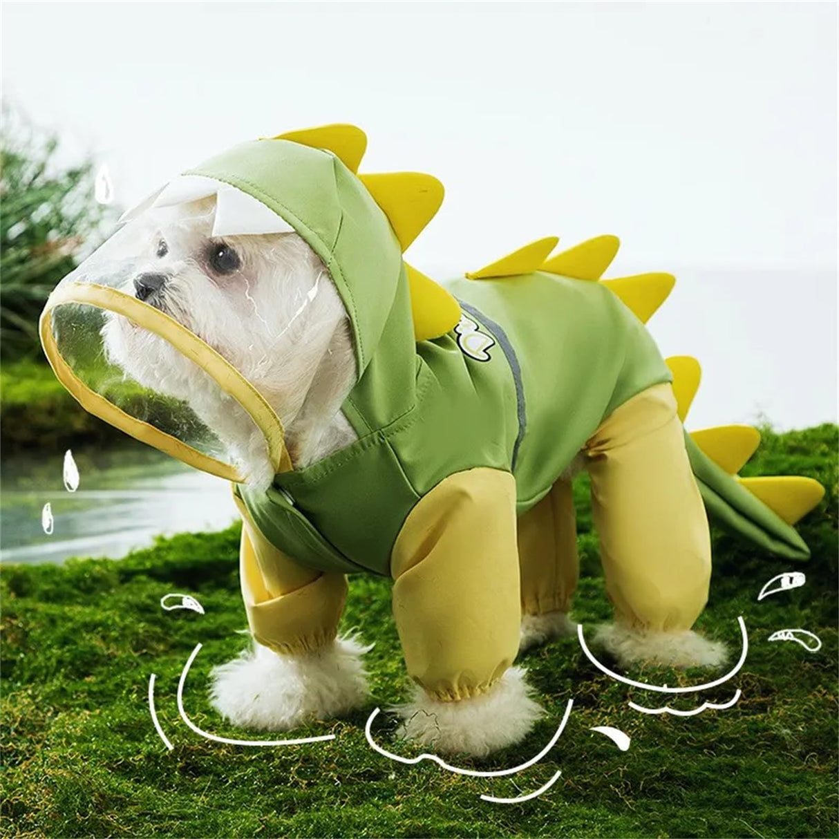 Waterproof Dog Raincoat, Dinosaur Design, Full Body Protection with Elastic Trousers, for Small Dogs (Green, Medium)