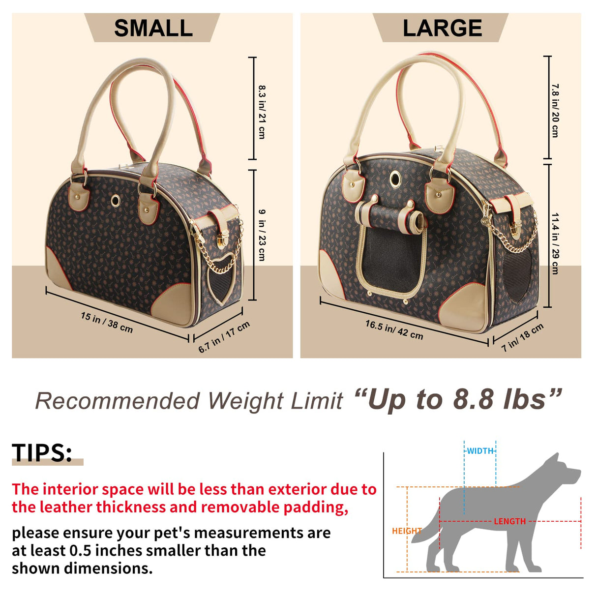 Betop House Fashion Dog Carrier PU Leather Dog Handbag Dog Purse Cat Tote Bag Pet Cat Dog Hiking Bag, Brown, Small 38 * 23 * 17cm