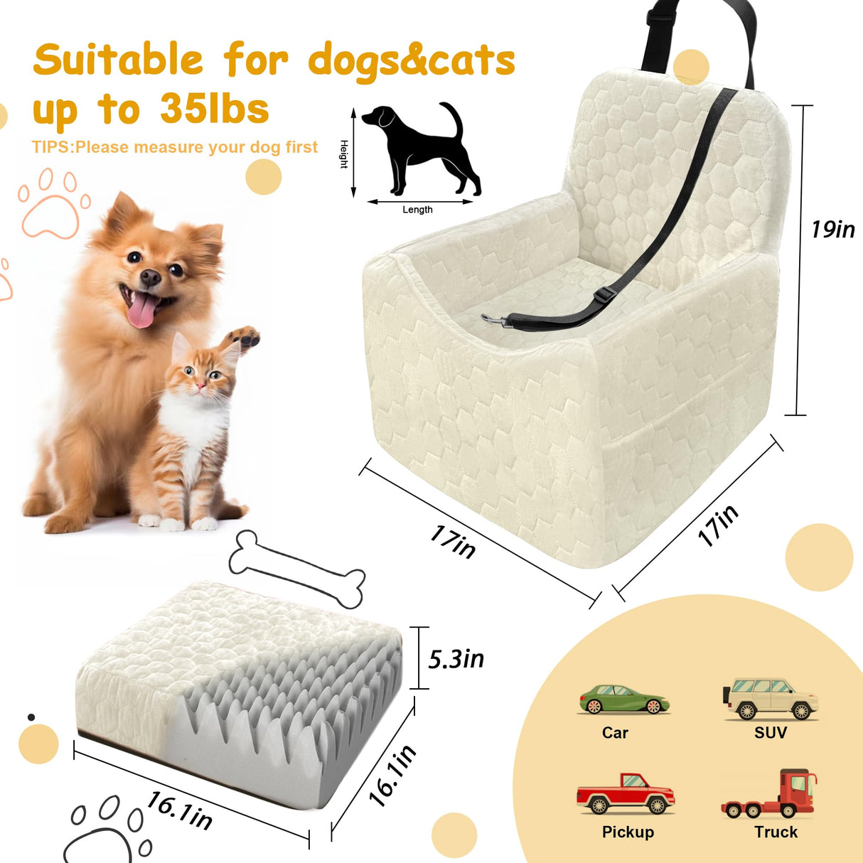 Dog Car Seat for Small/Medium Dogs, Memory Foam Dog Booster Seat, Travel Safety Per Car Seat with Washable Removable Cover, Storage Pockets for Dogs up to 35 lbs (White, Small)