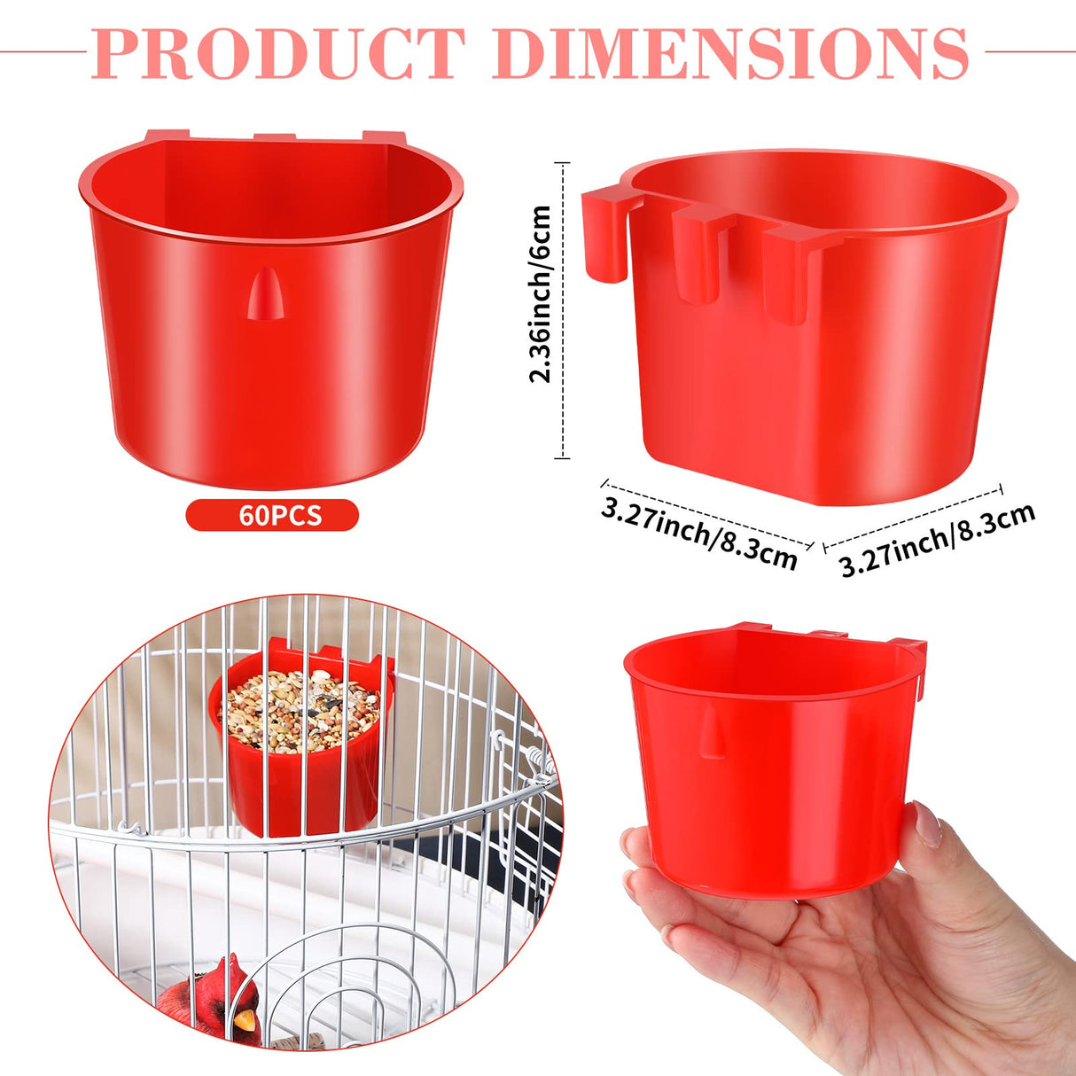 Sumind 60 Pcs Cage Cups Chicken Feeder Birds Hanging Feeders Seed Bowl 8 oz Plastic Water Bowl Hanging Chicken Gamefowl Waterer Feeding Watering Dish Coop Cups for Parrot Parakeet Poultry(Red)