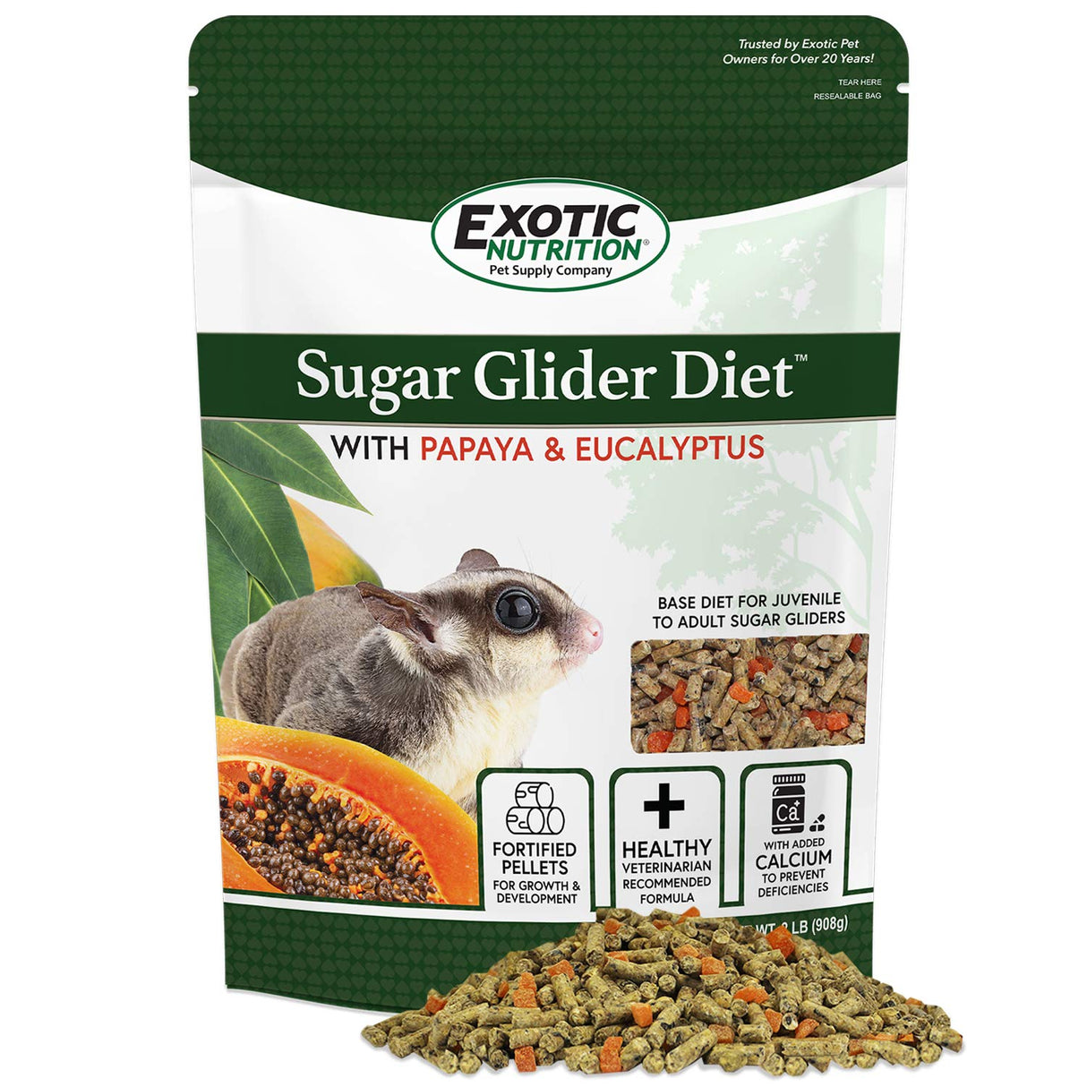 Sugar Glider Diet with Papaya and Eucalyptus (2 lb) - High Protein All Natural Healthy Sugar Glider Food - Nutritionally Complete Staple Diet