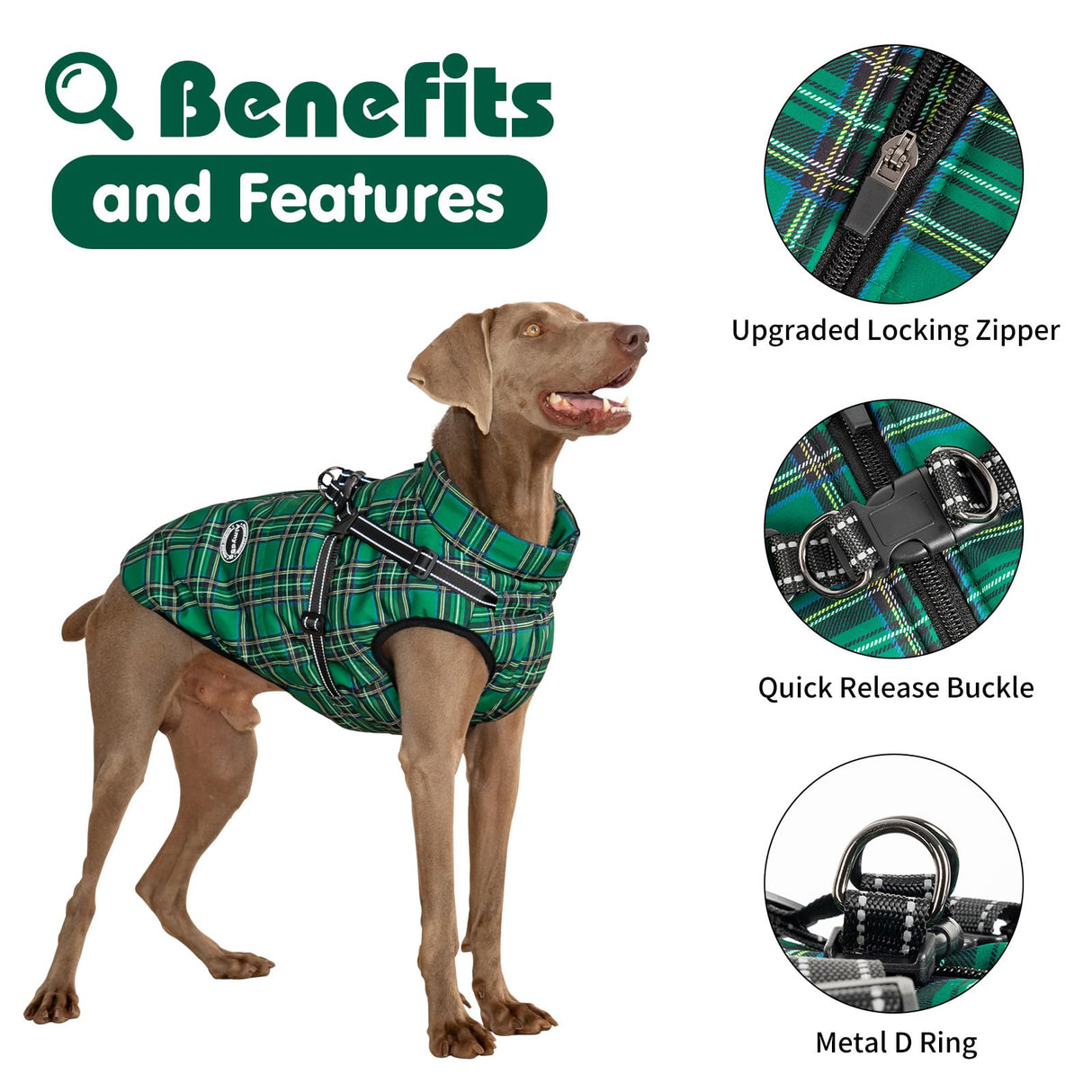 Aimydog Dog Coat with Harness Built in,Dog Winter Jacket with Padded Fleece,Reflective Waterproof Coat for Small Medium Dogs,Green L