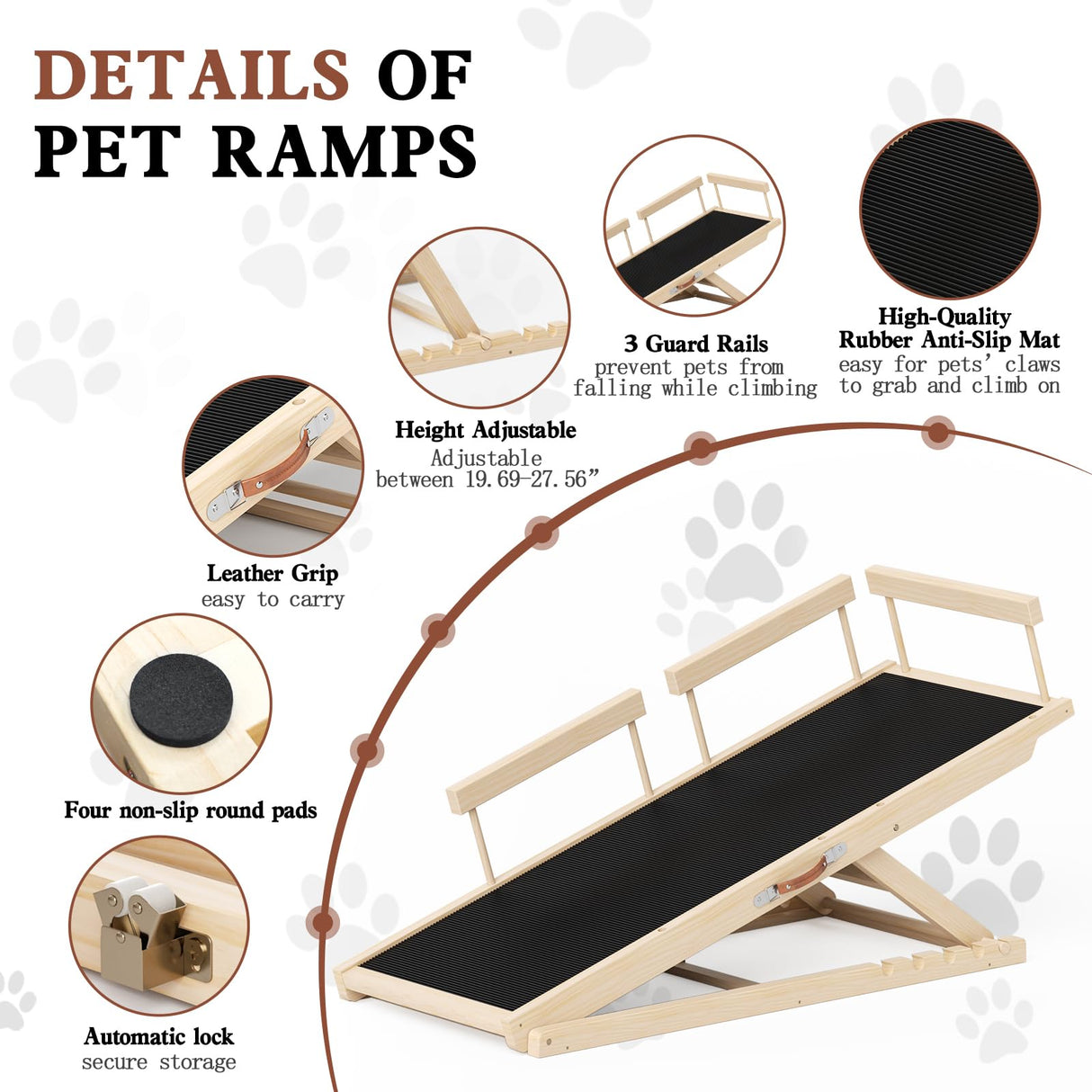 Chuiendi Dog Ramp for High Bed, Couch, Car, Pet Ramps 55.12" Long Adjustable 19.3"-27.17" Wooden Dog Step with Anti-slip Rubber Mat & Safety Side Rails for Small Medium Large Older Pets, up to 250 lbs