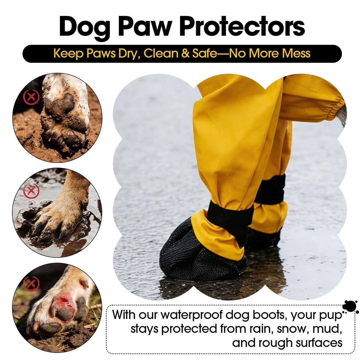 Yternal Waterproof & Dirt-Proof Dog Rain Boots for Small Medium Dogs – Adjustable One-Piece Paw Protectors with Reflective Strips and Non-Slip Soles for Rain Snow, Yellow M
