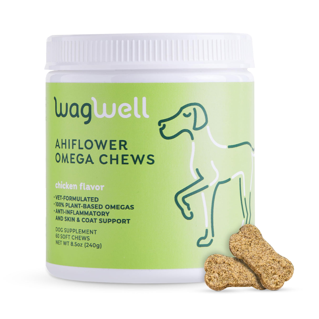 WagWell Ahiflower Omega Chews – Vet-Formulated, All Natural, Made in The USA – Skin, Coat, & Joint Chews for Dogs – Plant-Based Omega 3, 6 & 9 – Dog Fish Oil Alternative, Chicken-Flavored, 60 Chews