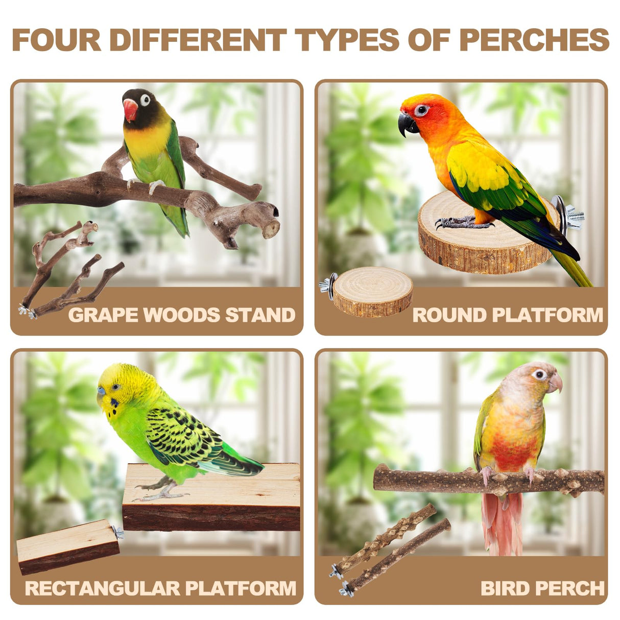 LIMIO 6-Piece Bird Perch Set - Natural Wood Grape Sticks, Paw Grinding Forks, Bird Stand & Toys for Parakeets, Cockatiels, Conure, Budgies