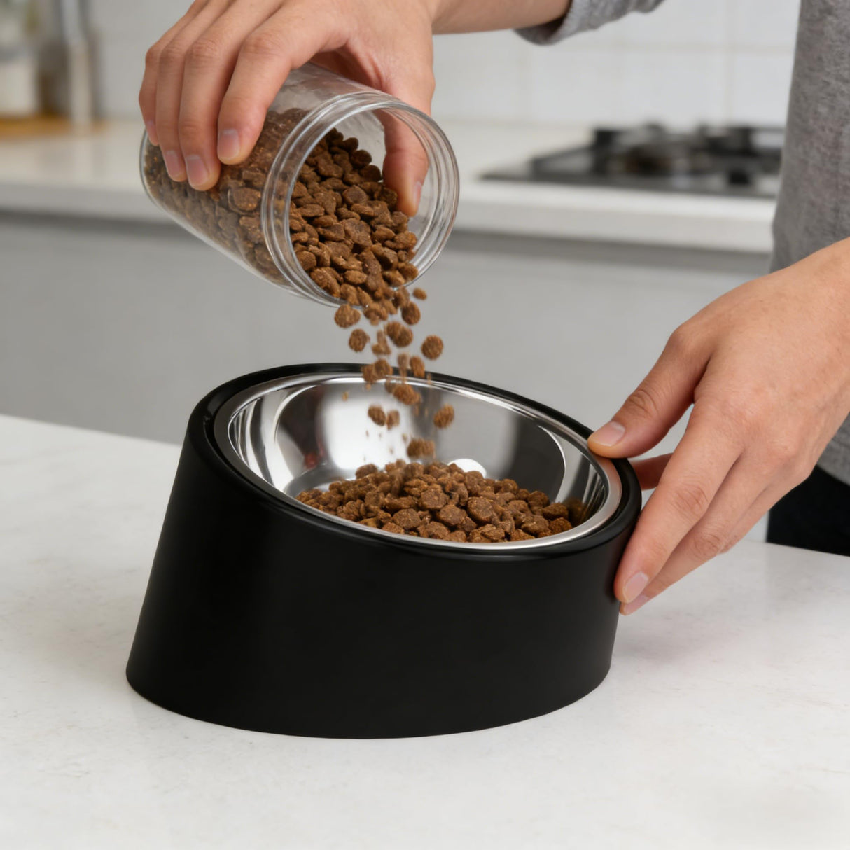 No-Spill Non-Skid for Large Breeds: 15° Tilted Feeder for with Cones or Long Ears - Detachable 2-in-1 Stainless Steel Elevated Dish, Easy Access, Black (Size L)