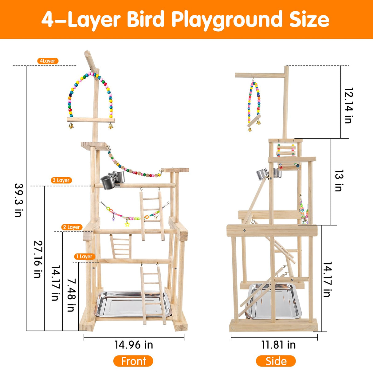 Chuiendi Bird Playground 4 Layer, Parrot Perch Stand Bird Play Stand for Parakeet Conure Cockatiel Lovebird Budgie, Parrot Playground with Feeder Cups, Ladder, Chain Toy, Swing and Detachable Tray