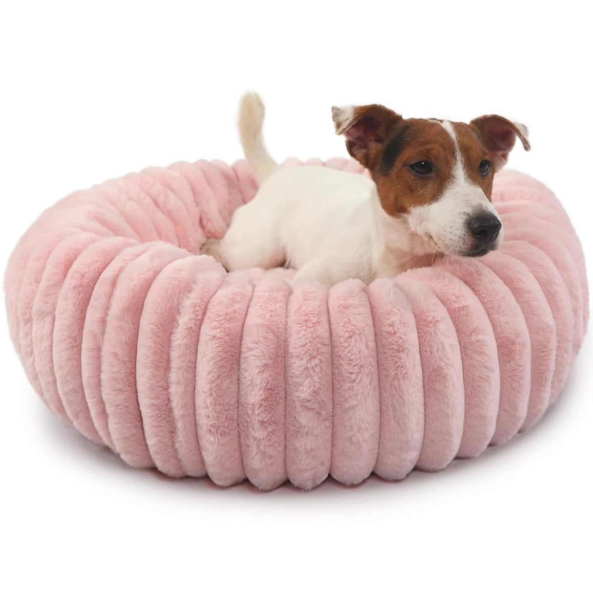 Donut Small Dog Bed Washable Cute Puppy Beds with Corduroy Fleece & Anti Slip Bottom, Round Faux Fur Pet Snuggle Beds for Large Cat, Pink, Small Breed 23x23x5.5 inches