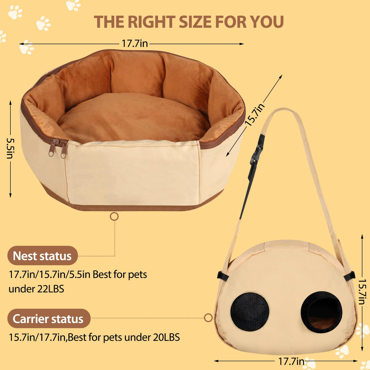2-in-1 Convertible Pet Sling Carrier & Bed - with Breathable Mesh, Adjustable Strap & Pocket,for Travel, Vet Visit & Home Use, Up to 22lbs (KAKI)