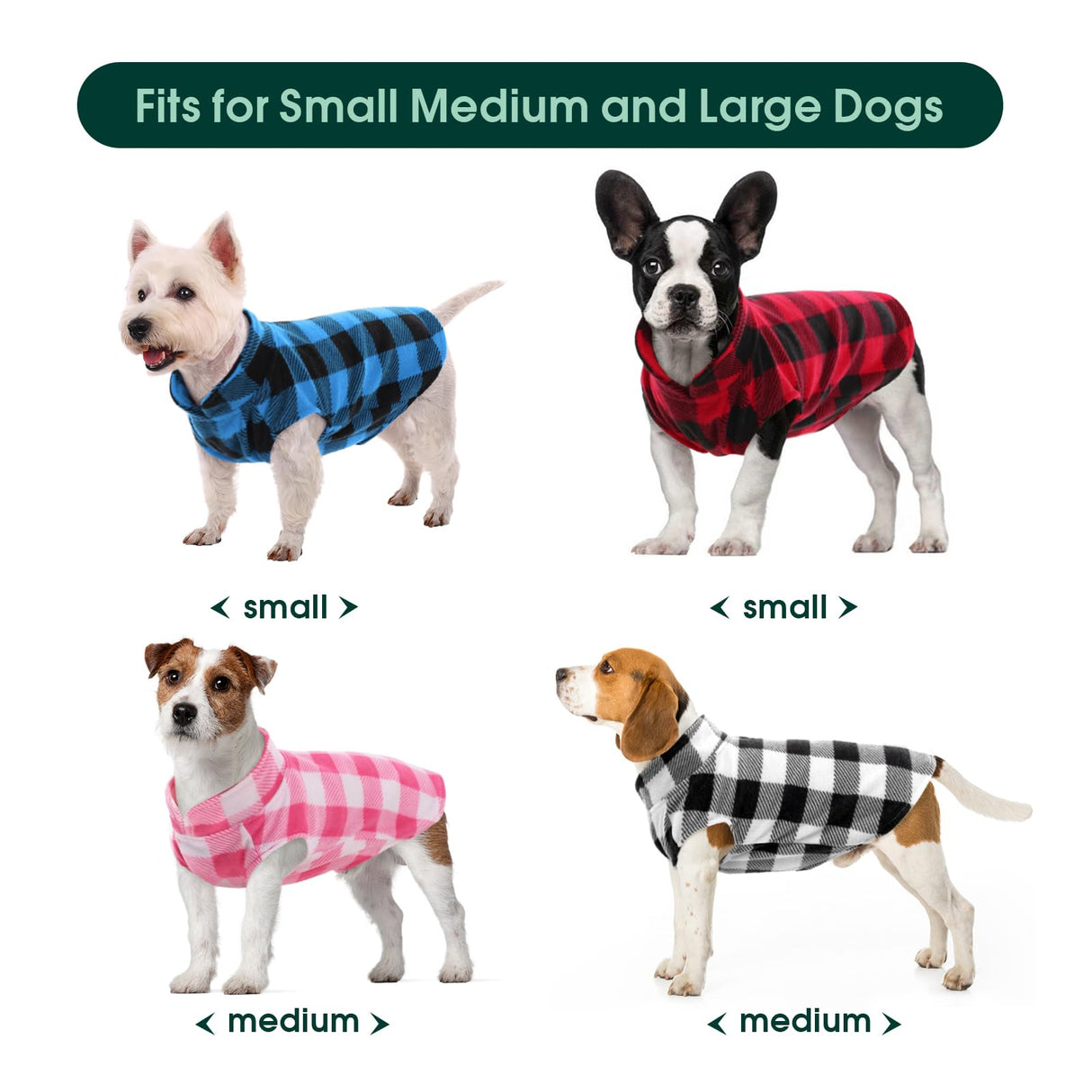 Kuoser 4 Pack Dog Fleece Vest,Warm Plaid Dog Sweater with Leash Hole,Soft Turtleneck Winter Pet Jacket Dogs Coat Pullover for Small Medium Dogs Cats,Spring Fall Cold Weather Christmas Outfit, L