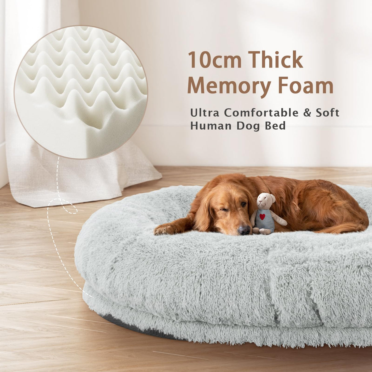 ROOMTEC Human Dog Bed, 71''x45''x12'' Size Fits Adult and Pet Washable Giant People Bed 10 CM Thick Memory Foam Large Oversize Pet Bed with Plump Pillow, Blanket, Strap - Grey
