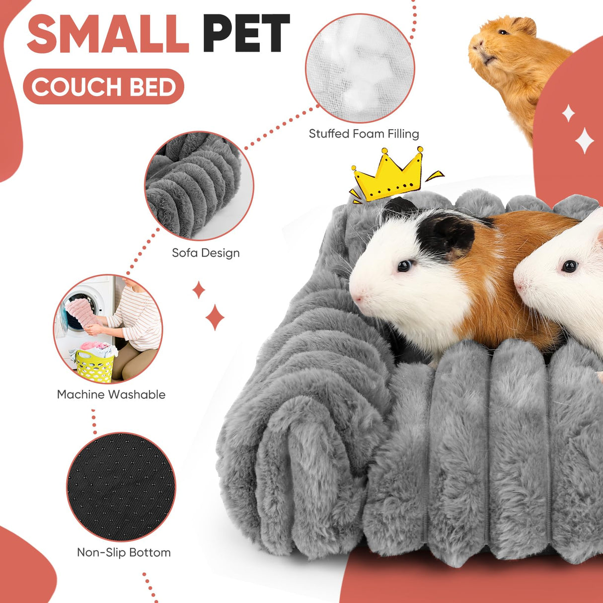 ONEJU Guinea Pig Couch - Fluffy Small Pet Sofa with with Two Removable Washable Covers, Guinea Pig Bed with Stuffed Arms and Back, Super Cozy Corduroy Fleece, Pink and Dark Gray Respectively