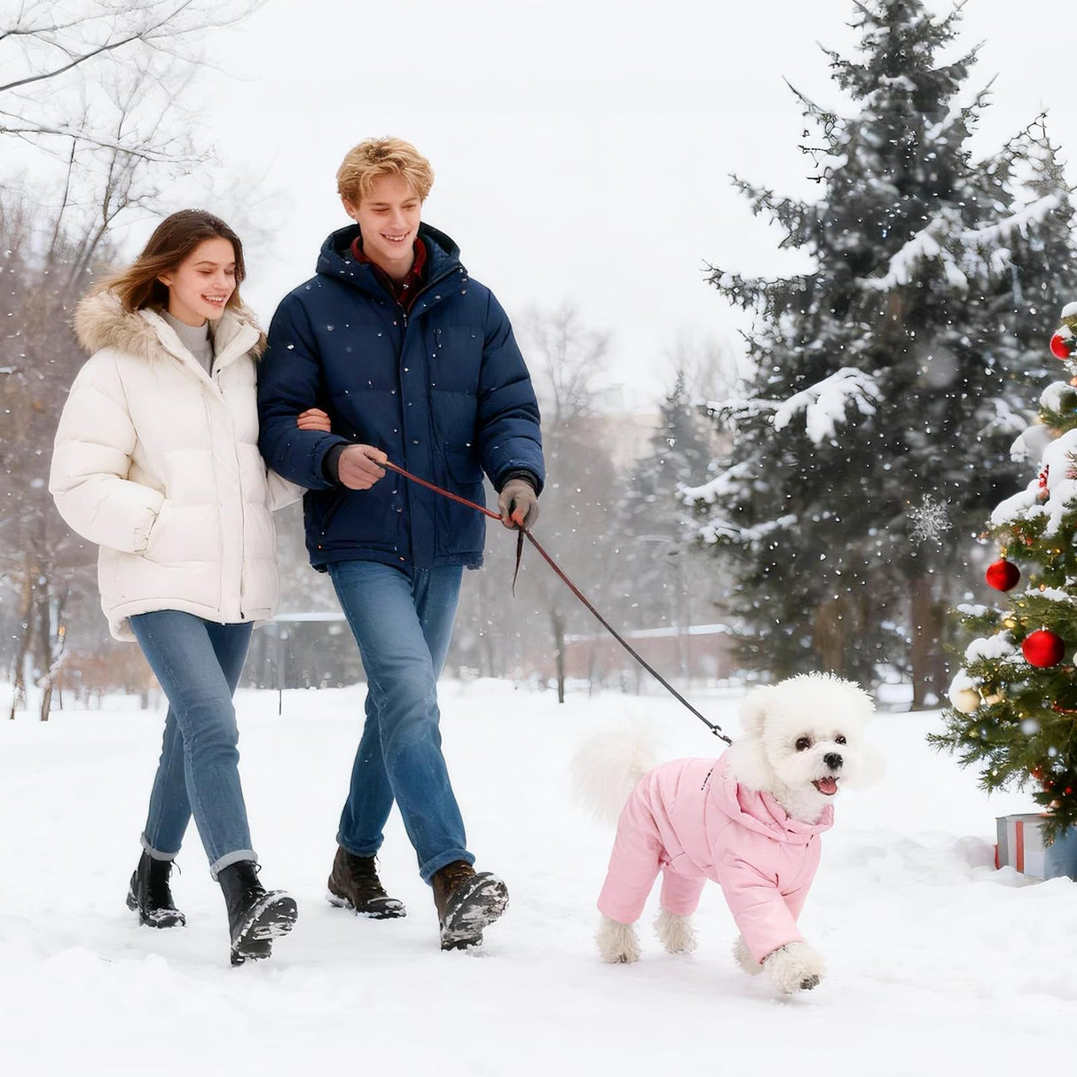 PawUnion White Duck Down Dog Coat - 4-Leg Coverage, Waterproof Windproof Warm Winter Snowsuit, Cotton Anti-Static Lining, Built-in Harness Hole for Small/Medium Dogs,Size 16(XXL) Pink