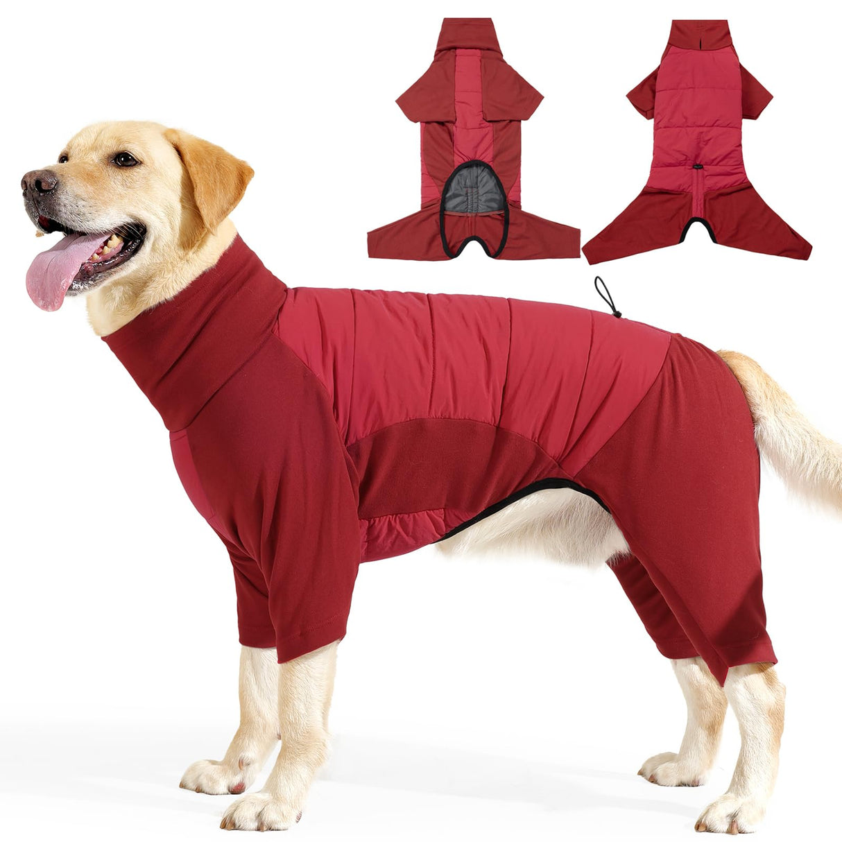 BRKURLEG Full Body Dog Winter Coat Warm Fleece Pullover Pajamas, Four Legs Covered Windproof Dog Jacket for Small to Large Dogs, Turtleneck Dogs Snowsuit, Pet Cold Weather Clothes, Red XXXL