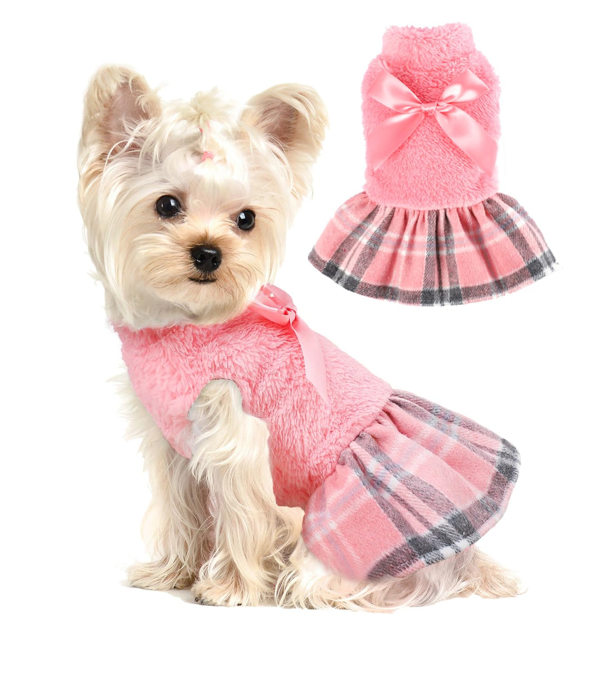 Yikeyo Fuzzy Dog Plaid Sweater Dress, Fall Winter Warm Female Dog Clothes for Small Dogs Girl, Pet Outfit, Cat Apparel (Small, Pink)