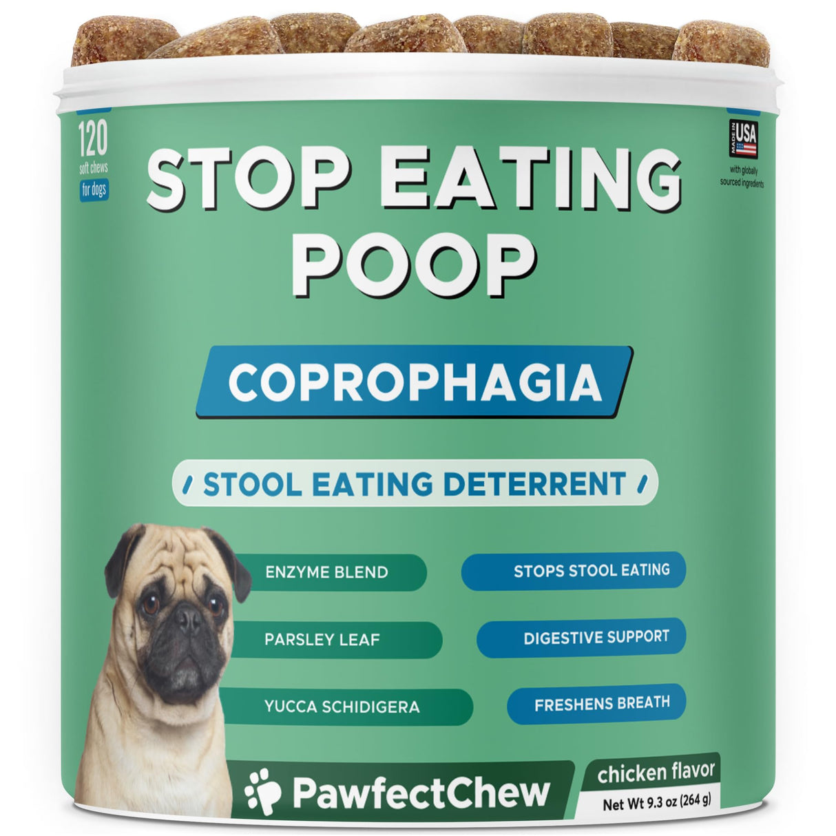 PAWFECTCHEW No Poop Eating for Dogs - Stop and Prevent Coprophagia - Dog Poop Eating Deterrent & Prevention - Digestive Enzymes + Probiotics for Gut Health - Breath Freshener - 120 Chews