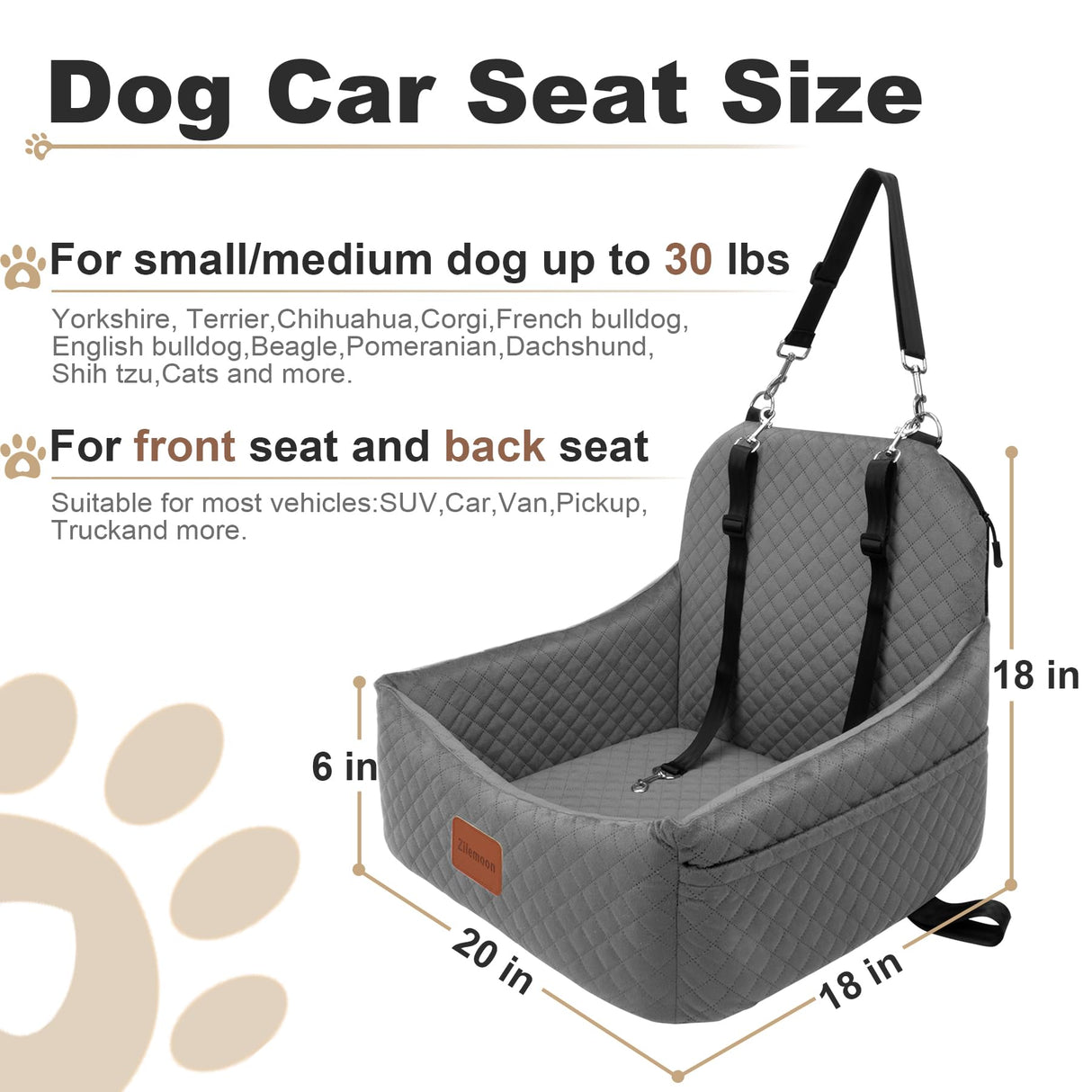 Car Dog Seat with 2 Safety Leashes,Dog Booster Seat for Small Medium Dogs 0-28lbs,Pet Car Travel Safety Bed with Storage Pockets,Non-Slip Bottom,Fully Detachable and Easy to Install(S1-Grey)