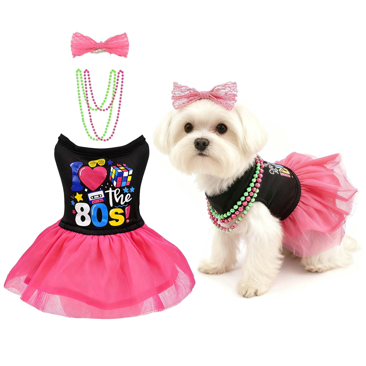 MuYaoPet Dog 80s Outfits Dress with Hair Bow and Necklace,I Love 80S Halloween Pet Disco Costume for Small Medium Dogs Girl,Summer Cat Puppy Dress Tutu Skirt,M