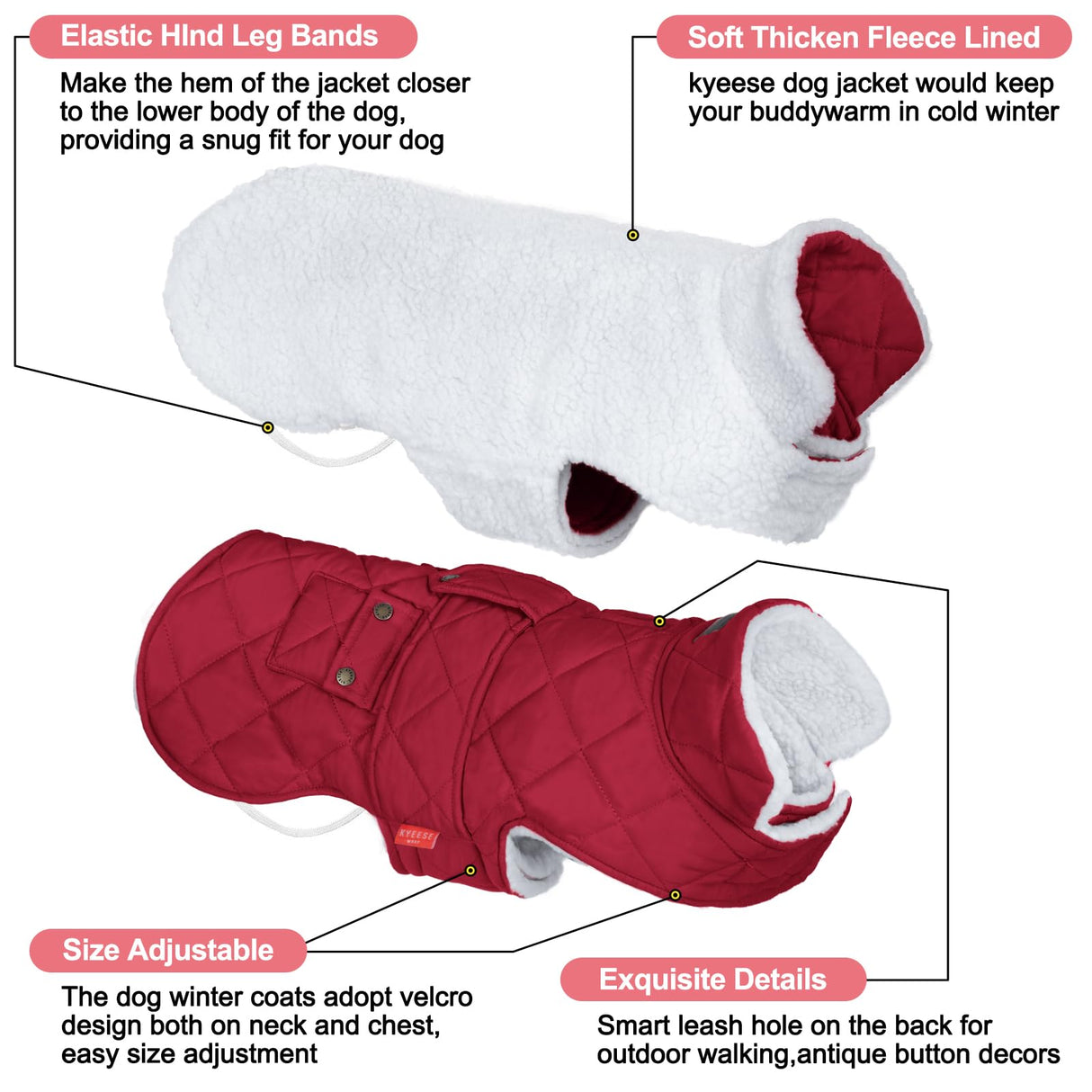 KYEESE Dog Coat Soft Pet Sweater for Cold Weather Waterproof Dogs Jacket with Fleece Lined Windproof Dog Coats for Small Dogs Thick Cat Clothes with Pocket Warm Pet Winter Puffer Coat with Leash Hole