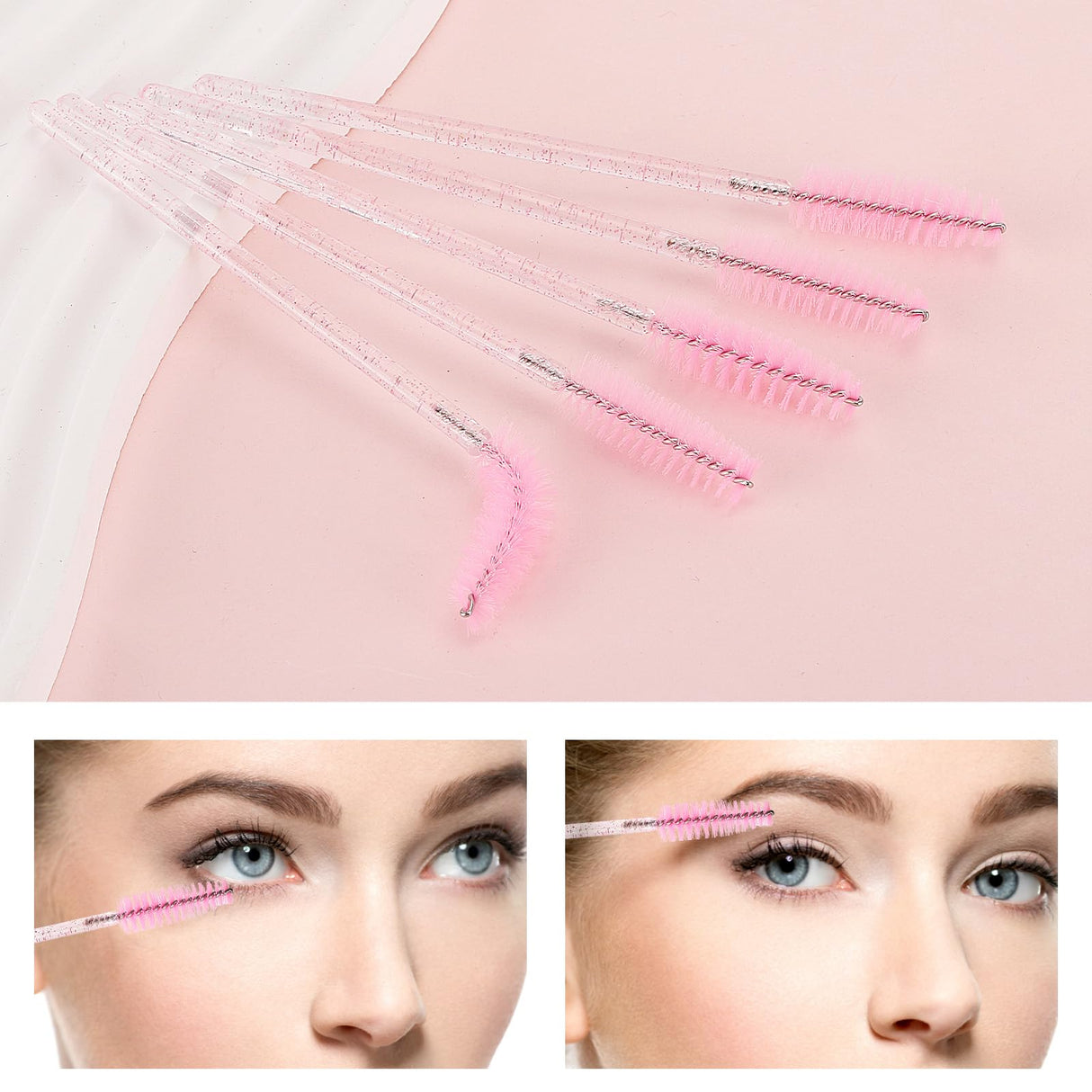 50 Pcs Disposable Mascara Wands, Crystal Eyebrow Spoolies Brush for Eyelash Extensions, Pink Eye Lash and Makeup Brush