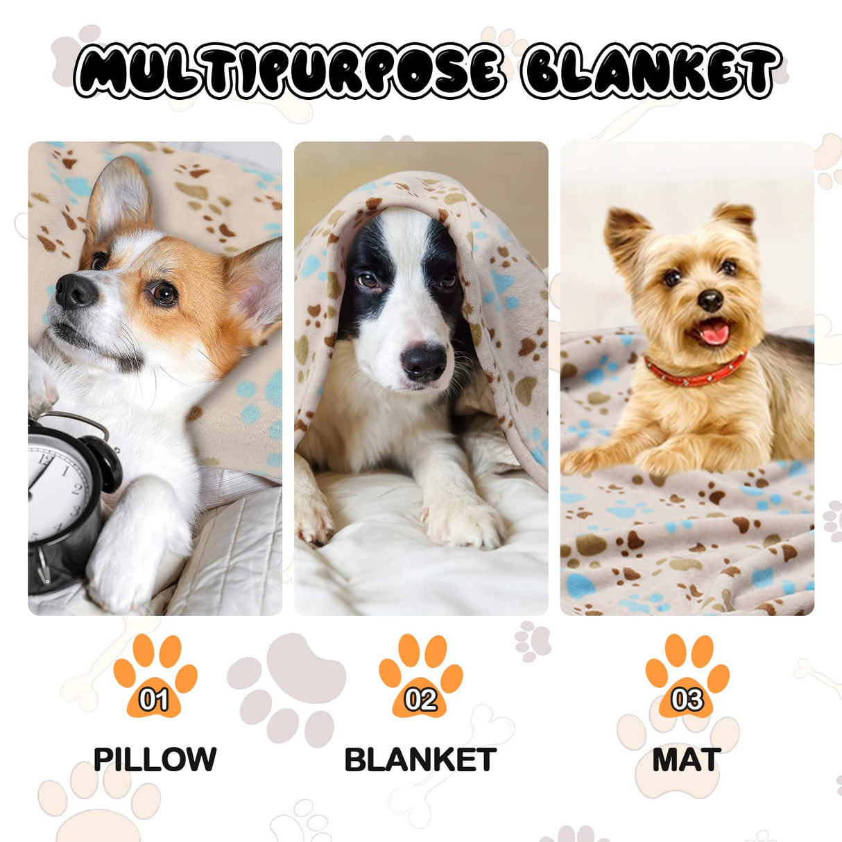 Rezutan Dog Blanket for Large Dogs, Upgraded 3 Pack Dog Cat Flannel Blankets Washable, Soft Pet Mat Throw Cover Suitable for Kennel Crate Bed, Cute Paw Pattern, Beige, 31" x 41"
