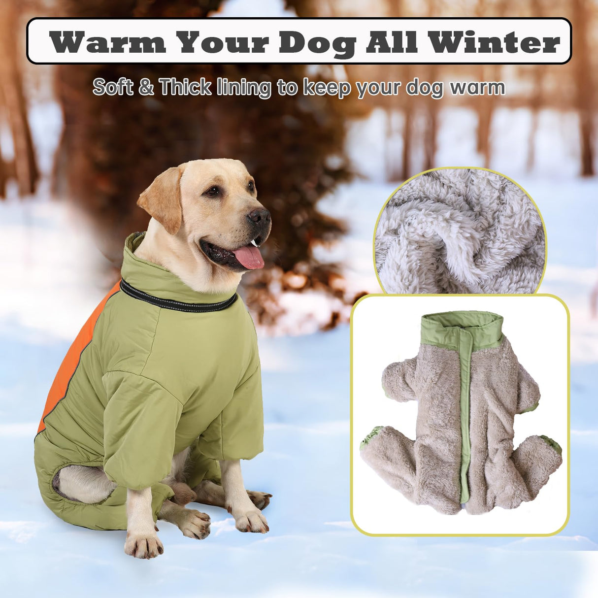 Toasty Warm 4-Legged Dog Snowsuit with Leash Ring, Reflective Zip Up Dog Winter Coat, Windproof Fleece Lining Dog Jumpsuit Jacket, LightGreen,12
