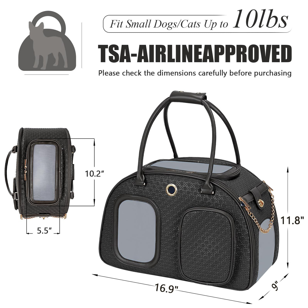 Stylish Luxury Dog Carrier Purse for Small Dogs, Ventilated Pet Soft-Sided Dog Cat Carrier Travel Tote Bag for Puppies Small Animals with Pockets (Black, 16.9inch x 9inch x 11.8inch(LxWxH))