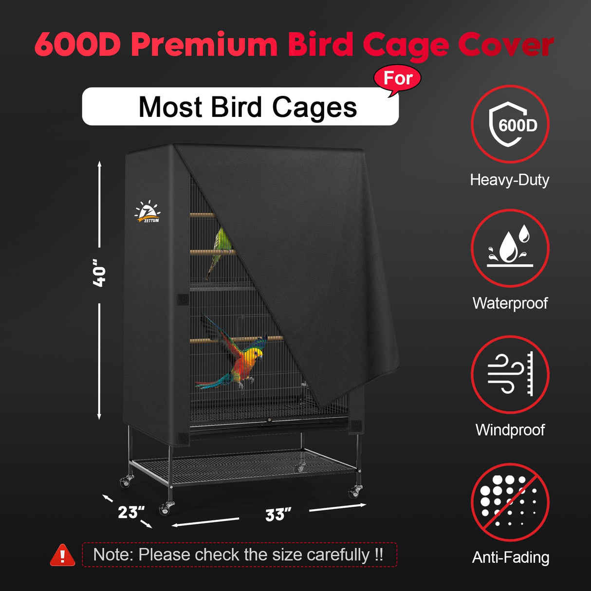 Zettum Bird Cage Cover - 600D Bird Cage Covers for Night Heavy Duty & Waterproof, Fade-Resistant Pet Bird Cage Cover Accessory for Parakeet, Parrot, Cockatiel and More Finches - 33 x 23 x 40 Inch