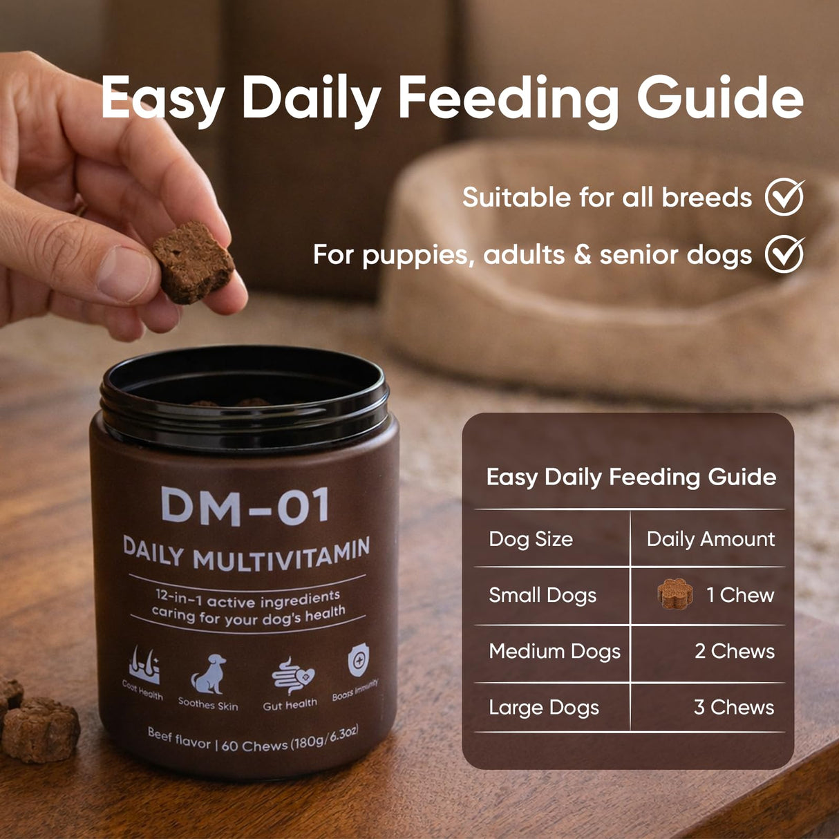 DM-01 Daily Multivitamin, Multivitamin Itch Relief Chews for Dog, Made with 12 Active Ingredients for Hip & Joint, Digestive & Boost Immunity, 60 Chew