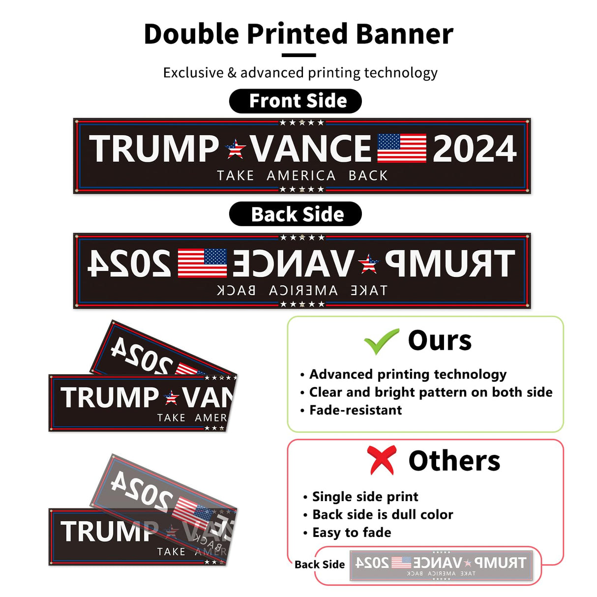 Probsin Trump Vance 2024 Banner Black 120" x 20" Decorations Take America Back President Trump Vice President Vance Yard Sign Party Supplies Hanging Outdoor Gate Decor Fence Door Indoor Wall