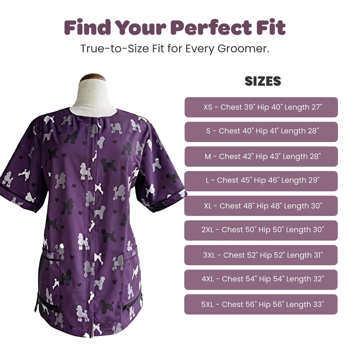 Ladybird Line 710 Purple Poodle Print Waterproof Dog Grooming Smock, Hair and Bleach Resistant with Covered Zipper Panel, Mesh Back, and Back Tie Belt, Ideal for Pet Groomers and Vet Clinics - XL