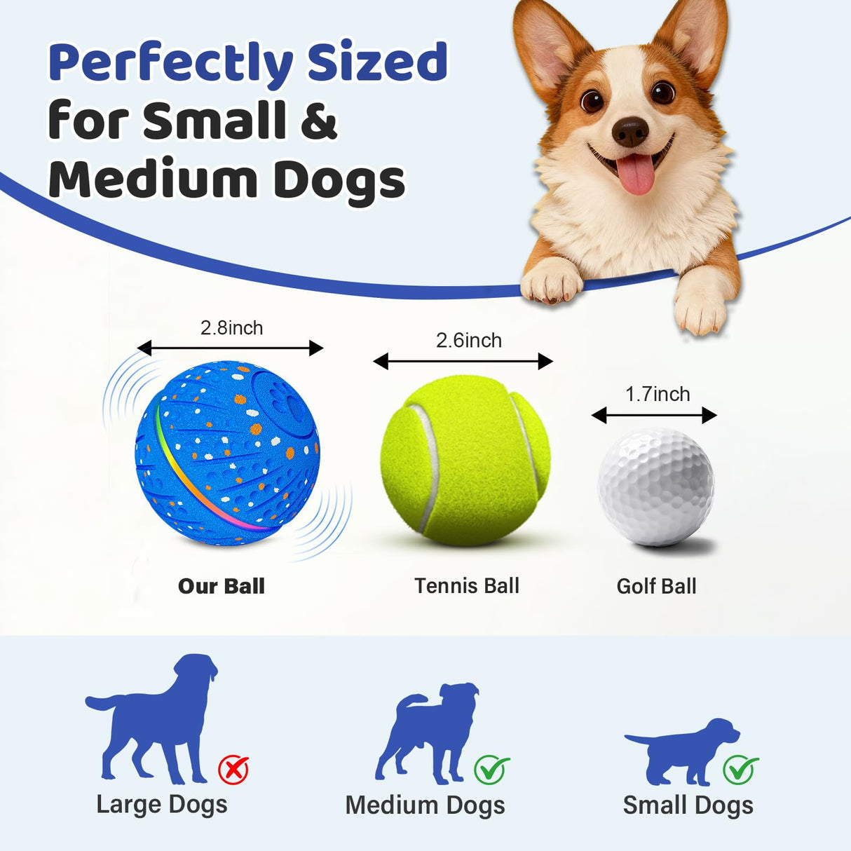 Sankell Interactive Dog Ball Toy - Smart Moving Bouncing Dog Ball with RGB Lights, E-TPU Material, 3 Play Modes Automatic Rolling Balls Toy for Small Medium Dogs Keep Them Busy(Blue)
