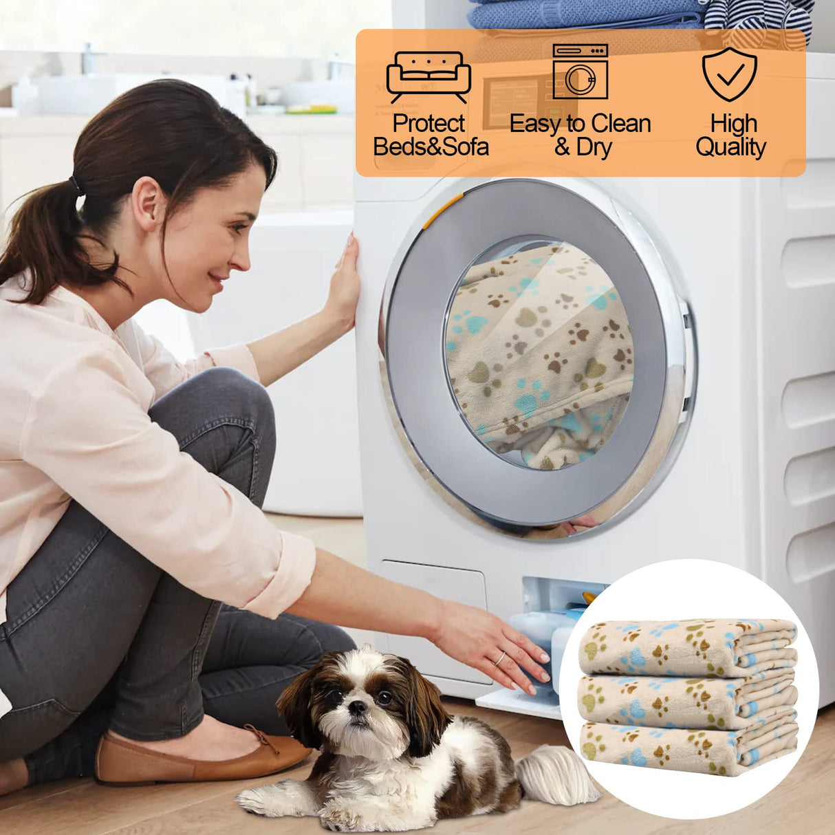 Rezutan Dog Blanket for Large Dogs, Upgraded 3 Pack Dog Cat Flannel Blankets Washable, Soft Pet Mat Throw Cover Suitable for Kennel Crate Bed, Cute Paw Pattern, Beige, 31" x 41"