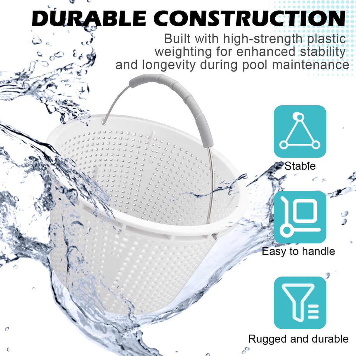 ZTTM 8" Pool Skimmer Basket for Inground Pool Compatible with Pentair U-3 Skimmer Basket 08650-0007 and Hayward SP1070 Pool Basket Stainless Steel Handle Rubber Grip & Built in Weighting White 2 Pack