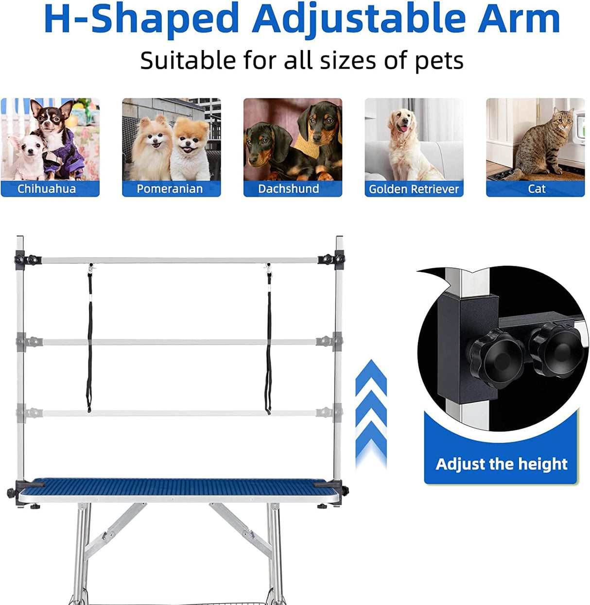 TRODEP 46" Dog Grooming Table Foldable Pet Grooming Tables with Adjustable Arm Noose Storage Mesh Tray Maximum Capacity Up to 330lbs Blue