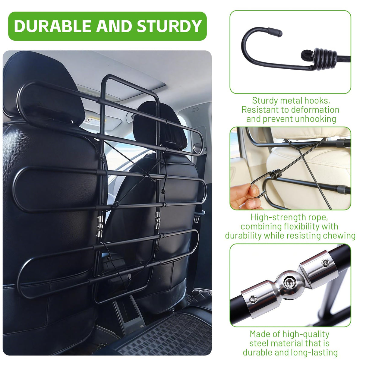 Metal Dog Barrier for Cars, SUVs, Trucks, Adjustable Universal Pet Gate Vehicle Divider for Back Front Seat, Heavy Duty Dog Separator for Car, Easy Install, 34"-58" Width, with Elastic 6 Ropes