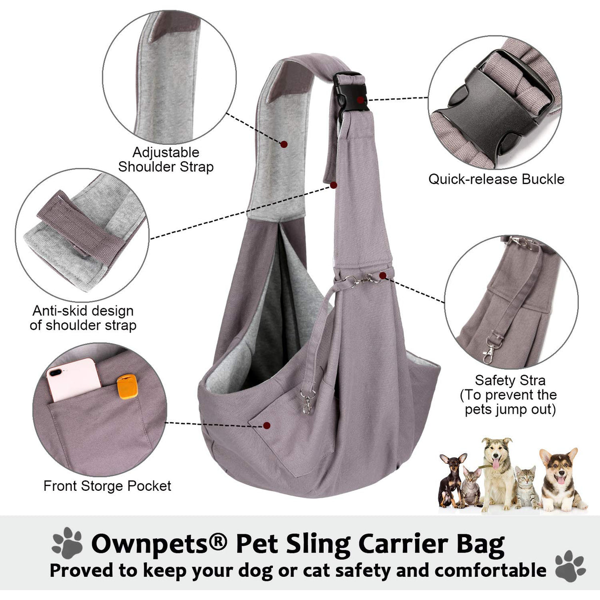 OWNPETS Pet Sling Carrier, Pet Sling Carrier Bag Safe,Fit 10~15lb Cats&Dogs, Comfortable, Adjustable, Perfect for Daily Walk, Outdoor Activity and Weekend Adventure
