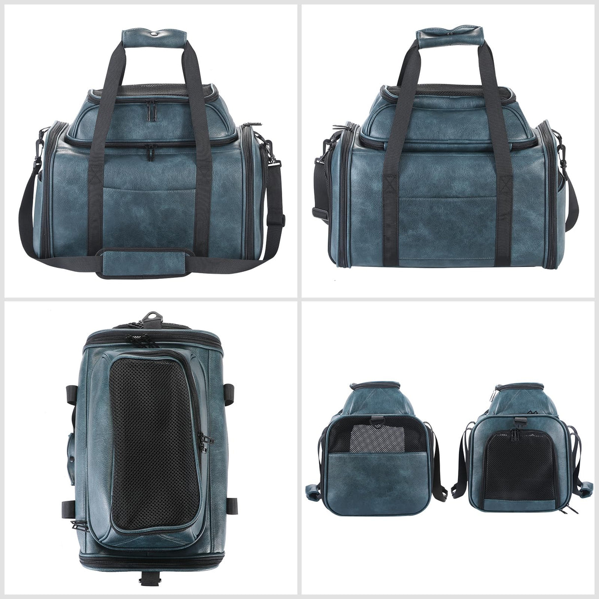 Bosnanller Premium Leather Top Expandable Pet Carrier for Small Dogs & Cats Under 15 lbs, Airline Approved Collapsible Soft-Sided Luxury Travel Bag Blue