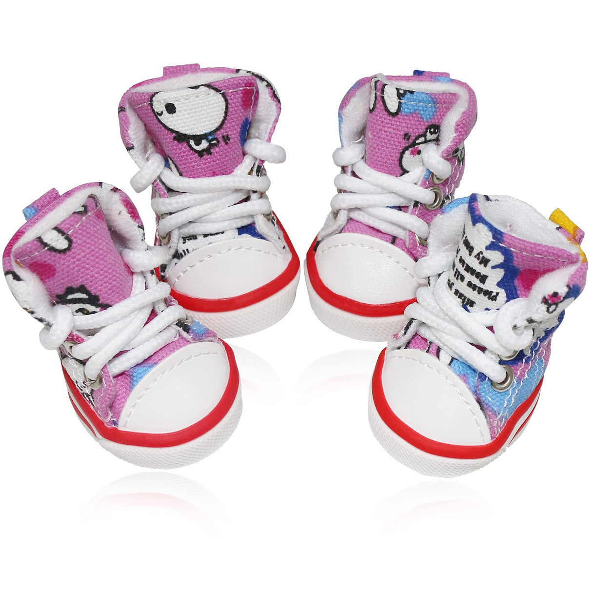 Pet Dog Shoes, BESUNTEK 4Pcs Puppy Canvas Sport Sneaker Boots for Outdoor Walking and Sports, Non-Slip Paw Protective Cover with Graffiti Design for Hot Pavement and Casual (Pink, #3)
