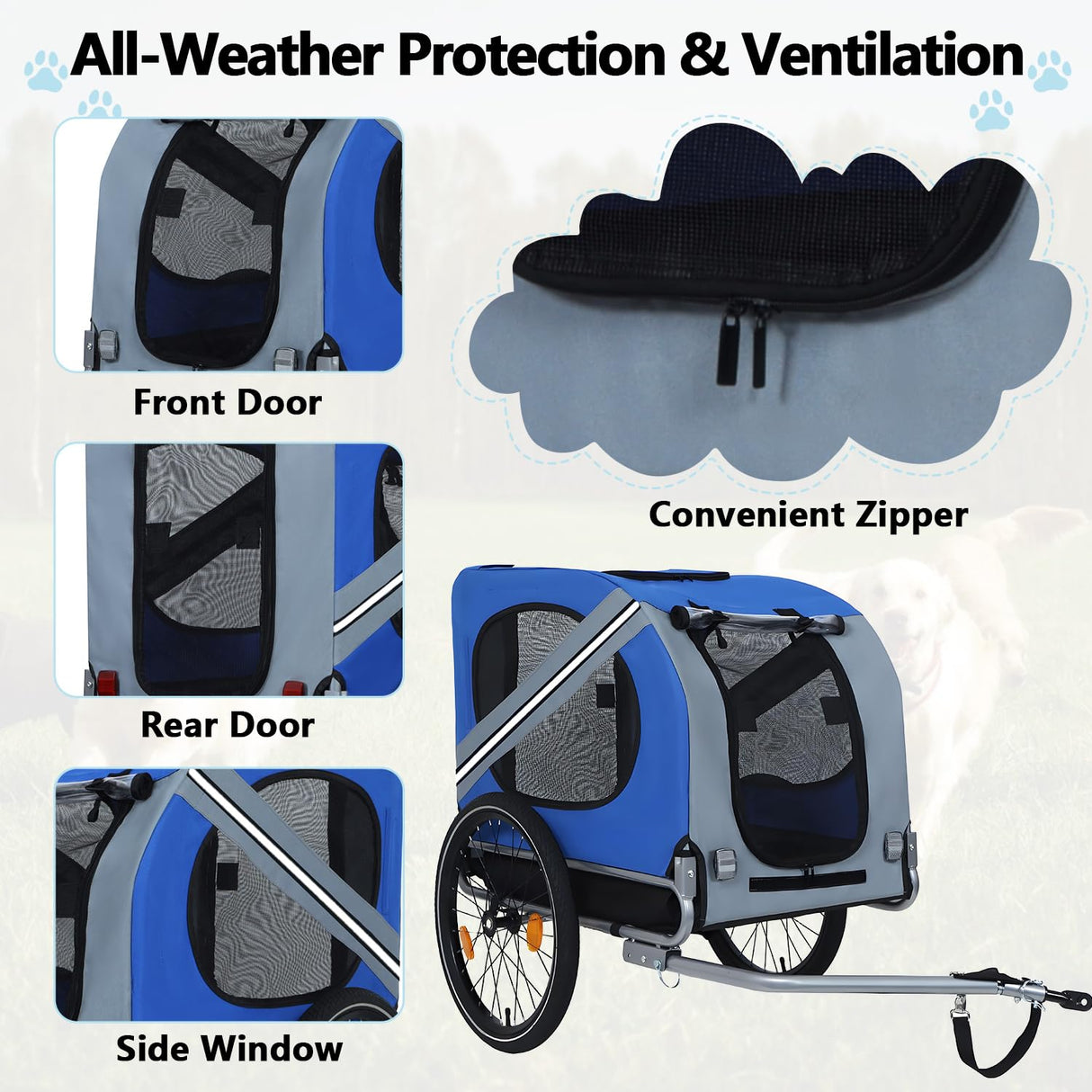 Large Dog Trailer for Bike, Folding Bike Trailer for Dogs with 18.9" Wheels, 120LB Capacity All-Terrain Pet Carrier, Universal Bicycle Coupler (Blue+Grey)