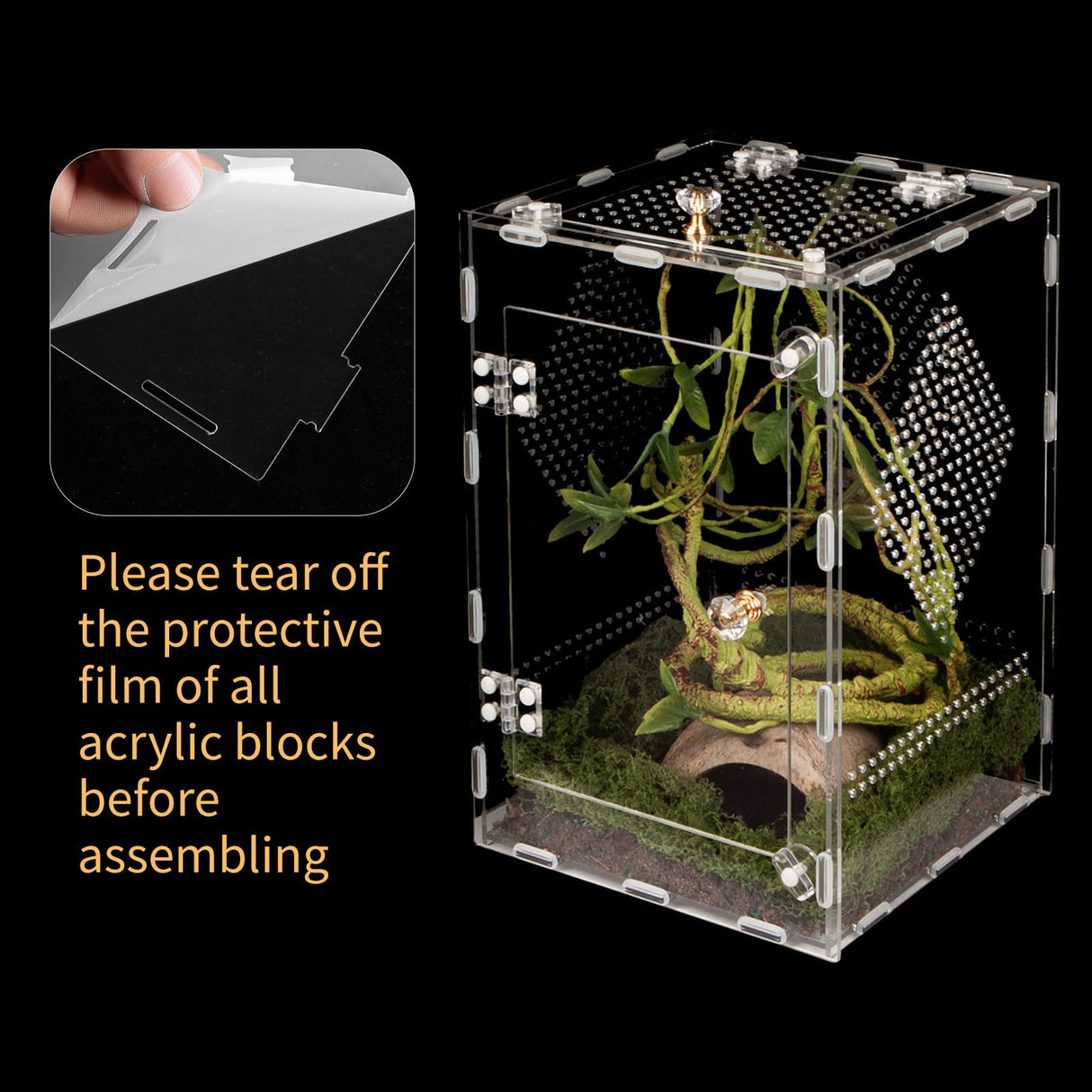 Acrylic Reptile Terrarium Easy Assembly, 360° Clear & Keep Pet Secure Design for Jumping Spiders, Tarantulas, Geckos Scratch-Resistant Large Ventilated Habitat Terrarium for Arachnids 11.8*7.9*7.9in
