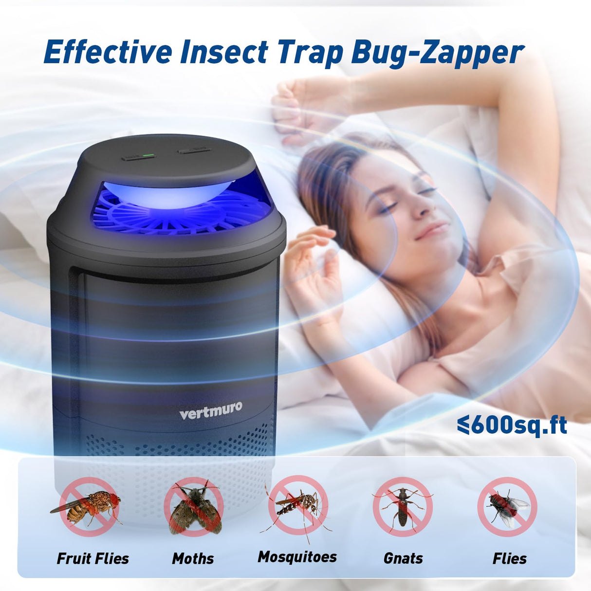 vertmuro Indoor Insect Trap, 2-Mode Bug Catcher & Mos with Strong Suction,UV Light, Mosquito Bug Zapper for Fruit Flies, Gnats, Moths