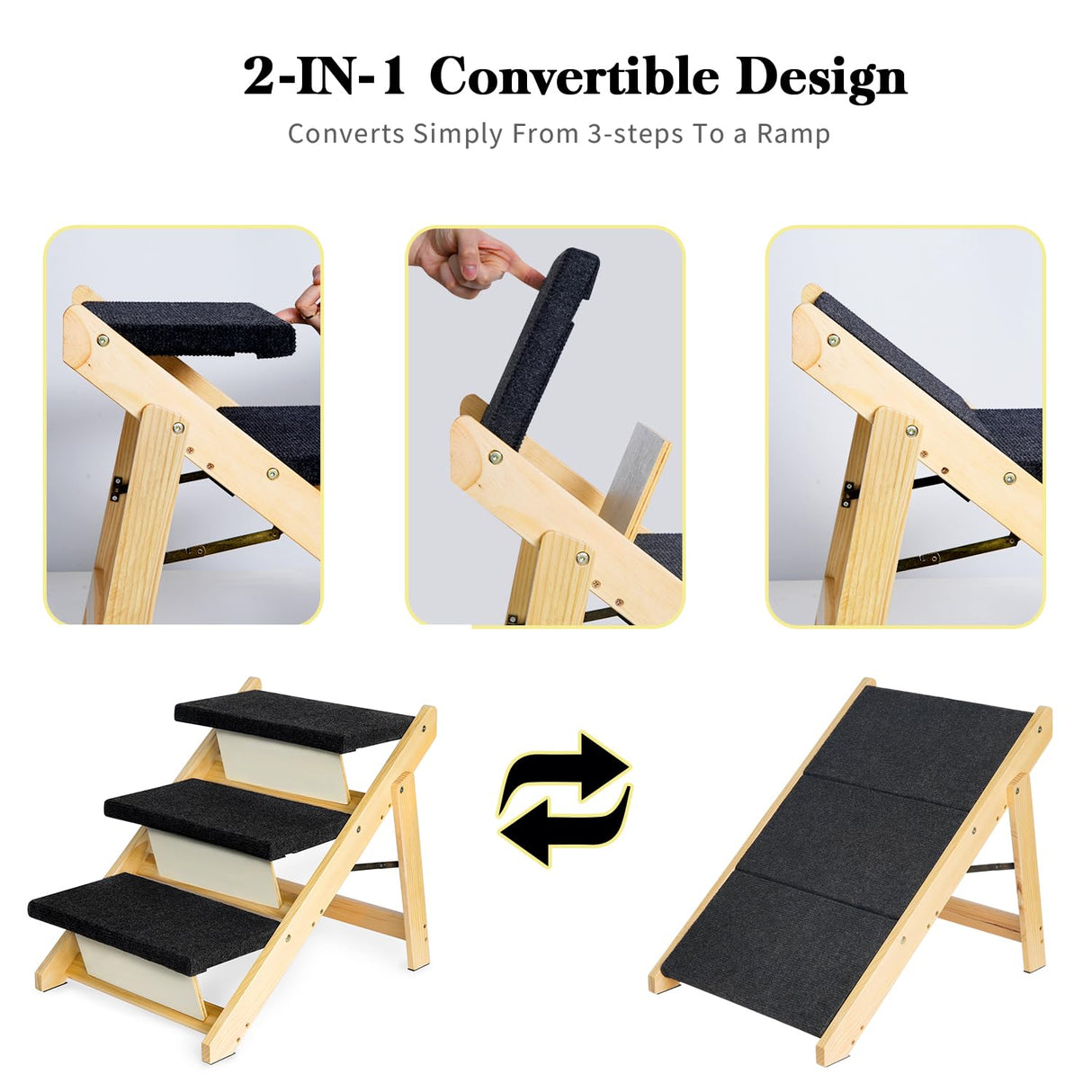BRIKY 19.5" H Dog Stairs for Small Dogs, Non-Silp Wooden Dog Steps for Bed and Couch, Foldable 3-Step Pet Stairs for Medium Dogs and Old Cats, No Assembly Required