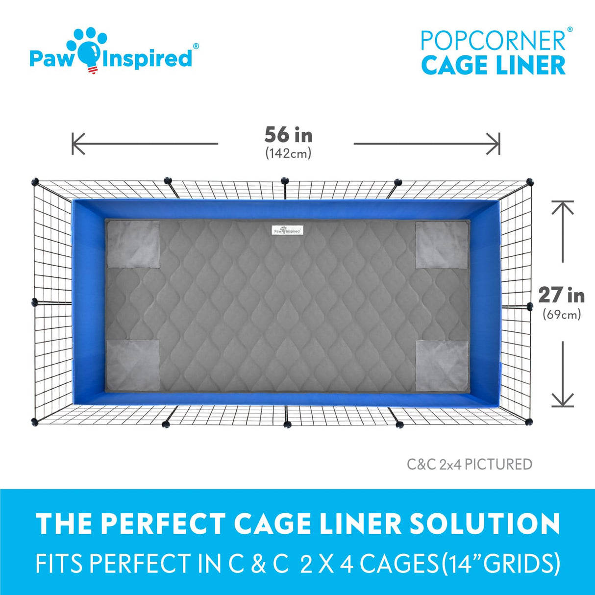 Paw Inspired PopCorner Guinea Pig Cage Liners | Washable Fleece Bedding or Pet Bed Mat for Small Animals | Super Absorbent Pee Pad with Reinforced Corners and Waterproof Bottom (C&C 2x4, Gray)