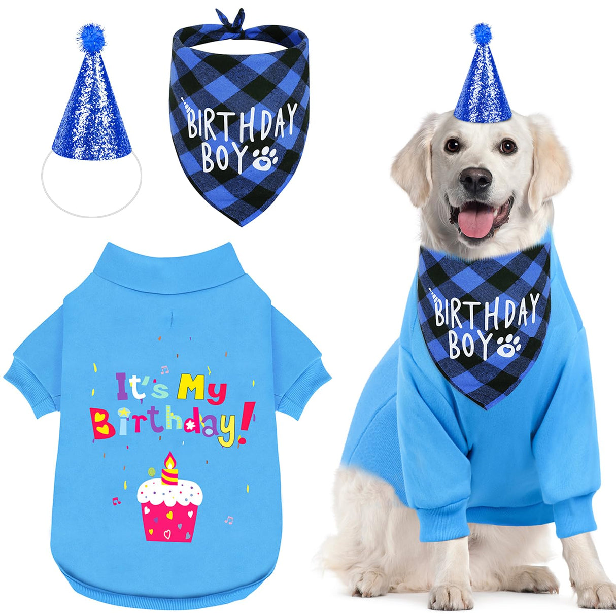 GreenJoy Dog Birthday Party Outfit Decoration Set Supplies - Birthday Bandana, Sweater & Party Hat Gift for Small, Medium & Extra Large Dogs Girl and Boy (Small, Birthday Blue)